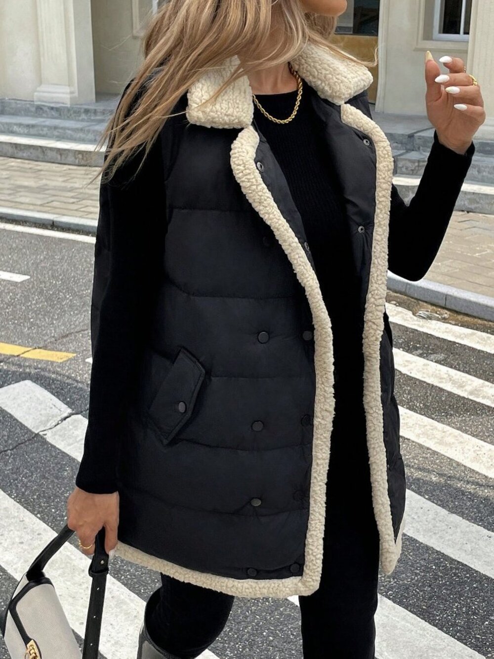 Black Casual Women's sherpa detailed Geometric Quilted Padded Sleeveless Vest - Picture 6 of 8